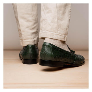 Marco Di Milano Aubiere Men's Shoes Exotic Forest Green Ostrich Tassels Loafers (MDM1198)-AmbrogioShoes