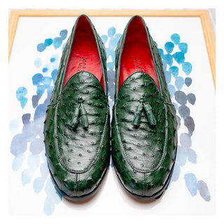 Marco Di Milano Aubiere Men's Shoes Exotic Forest Green Ostrich Tassels Loafers (MDM1198)-AmbrogioShoes