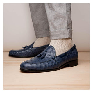 Marco Di Milano Aubiere Men's Shoes Exotic Navy Ostrich Tassel Loafers (MDM1198)-AmbrogioShoes