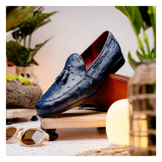 Marco Di Milano Aubiere Men's Shoes Exotic Navy Ostrich Tassel Loafers (MDM1198)-AmbrogioShoes