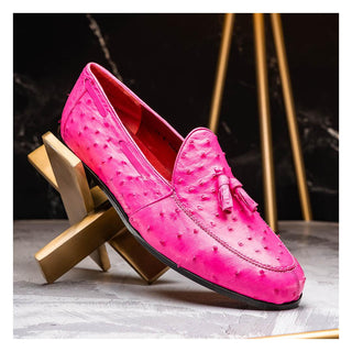 Marco Di Milano Aubiere Men's Shoes Exotic Pink Ostrich Tassels Loafers (MDM1198)-AmbrogioShoes
