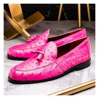Marco Di Milano Aubiere Men's Shoes Exotic Pink Ostrich Tassels Loafers (MDM1198)-AmbrogioShoes