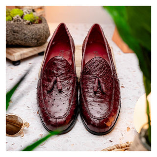 Marco Di Milano Aubiere Men's Shoes Exotic Wine Ostrich Tassels Loafers (MDM1198)-AmbrogioShoes