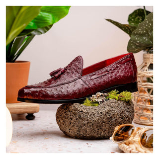 Marco Di Milano Aubiere Men's Shoes Exotic Wine Ostrich Tassels Loafers (MDM1198)-AmbrogioShoes