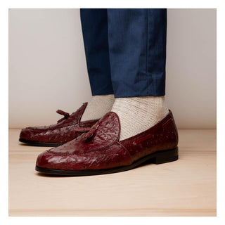 Marco Di Milano Aubiere Men's Shoes Exotic Wine Ostrich Tassels Loafers (MDM1198)-AmbrogioShoes