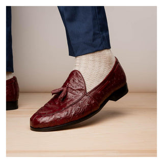 Marco Di Milano Aubiere Men's Shoes Exotic Wine Ostrich Tassels Loafers (MDM1198)-AmbrogioShoes