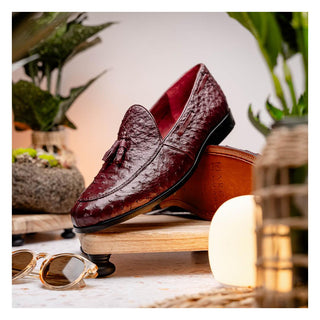 Marco Di Milano Aubiere Men's Shoes Exotic Wine Ostrich Tassels Loafers (MDM1198)-AmbrogioShoes