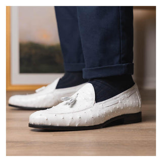Marco Di Milano Aubiere Men's Shoes White Exotic Ostrich Tassels Loafers (MDM1198)-AmbrogioShoes