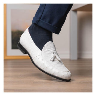 Marco Di Milano Aubiere Men's Shoes White Exotic Ostrich Tassels Loafers (MDM1198)-AmbrogioShoes