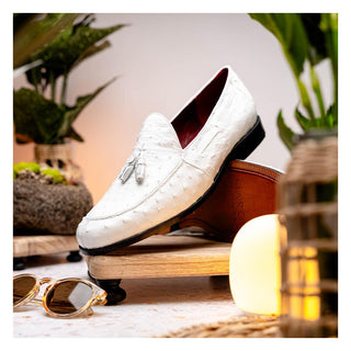 Marco Di Milano Aubiere Men's Shoes White Exotic Ostrich Tassels Loafers (MDM1198)-AmbrogioShoes