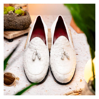Marco Di Milano Aubiere Men's Shoes White Exotic Ostrich Tassels Loafers (MDM1198)-AmbrogioShoes