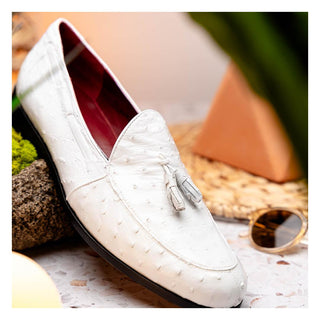Marco Di Milano Aubiere Men's Shoes White Exotic Ostrich Tassels Loafers (MDM1198)-AmbrogioShoes
