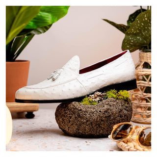 Marco Di Milano Aubiere Men's Shoes White Exotic Ostrich Tassels Loafers (MDM1198)-AmbrogioShoes