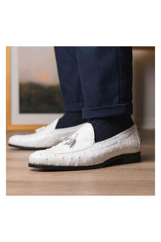 Marco Di Milano Aubiere White Exotic Ostrich Tassels Loafers (MDM1198)-AmbrogioShoes