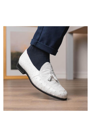 Marco Di Milano Aubiere White Exotic Ostrich Tassels Loafers (MDM1198)-AmbrogioShoes