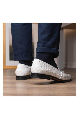 Marco Di Milano Aubiere White Exotic Ostrich Tassels Loafers (MDM1198)-AmbrogioShoes