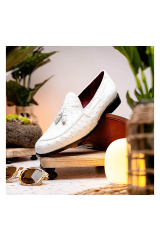 Marco Di Milano Aubiere White Exotic Ostrich Tassels Loafers (MDM1198)-AmbrogioShoes
