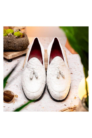 Marco Di Milano Aubiere White Exotic Ostrich Tassels Loafers (MDM1198)-AmbrogioShoes