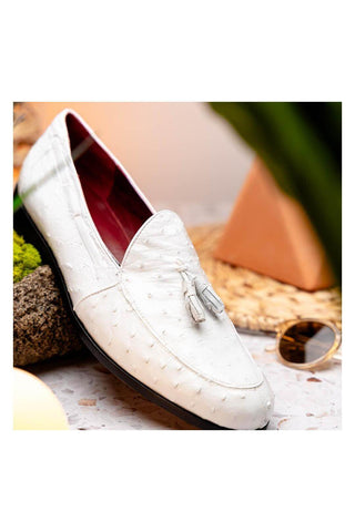 Marco Di Milano Aubiere White Exotic Ostrich Tassels Loafers (MDM1198)-AmbrogioShoes