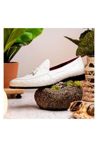 Marco Di Milano Aubiere White Exotic Ostrich Tassels Loafers (MDM1198)-AmbrogioShoes