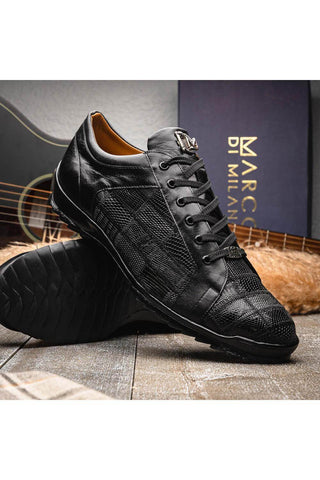 Marco Di Milano Bari Black Genuine Patchwork Lizard Skin Fashion Sneakers (MDM1142)-AmbrogioShoes