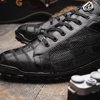 Marco Di Milano Bari Men's Shoes Black Genuine Patchwork Lizard Skin Fashion Sneakers (MDM1142)-AmbrogioShoes
