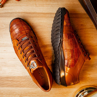 Marco Di Milano Bari Men's Shoes Cognac Genuine Patchwork Lizard Skin Sneakers (MDM1142)-AmbrogioShoes