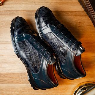 Marco Di Milano Bari Men's Shoes Navy Genuine Patchwork Lizard Skin Sneakers (MDM1142)-AmbrogioShoes