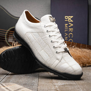 Marco Di Milano Bari Men's Shoes White Genuine Patchwork Lizard Skin Sneakers (MDM1142)-AmbrogioShoes