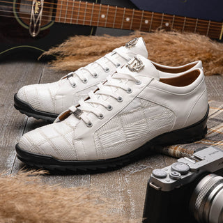 Marco Di Milano Bari Men's Shoes White Genuine Patchwork Lizard Skin Sneakers (MDM1142)-AmbrogioShoes