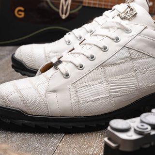 Marco Di Milano Bari Men's Shoes White Genuine Patchwork Lizard Skin Sneakers (MDM1142)-AmbrogioShoes