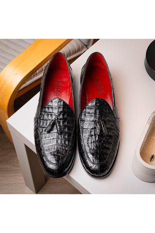 Marco Di Milano Bianchi Black Exotic Caiman Crocodile Tassels Loafers (MDM1197)-AmbrogioShoes
