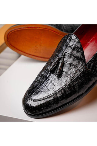 Marco Di Milano Bianchi Black Exotic Caiman Crocodile Tassels Loafers (MDM1197)-AmbrogioShoes
