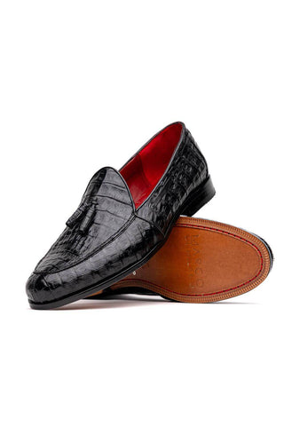 Marco Di Milano Bianchi Black Exotic Caiman Crocodile Tassels Loafers (MDM1197)-AmbrogioShoes