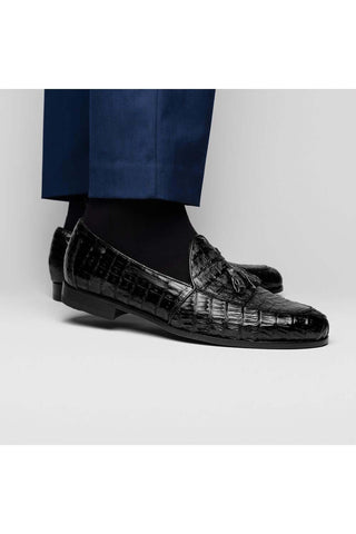 Marco Di Milano Bianchi Black Exotic Caiman Crocodile Tassels Loafers (MDM1197)-AmbrogioShoes