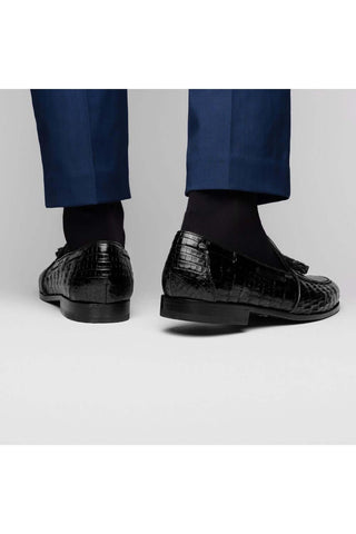 Marco Di Milano Bianchi Black Exotic Caiman Crocodile Tassels Loafers (MDM1197)-AmbrogioShoes
