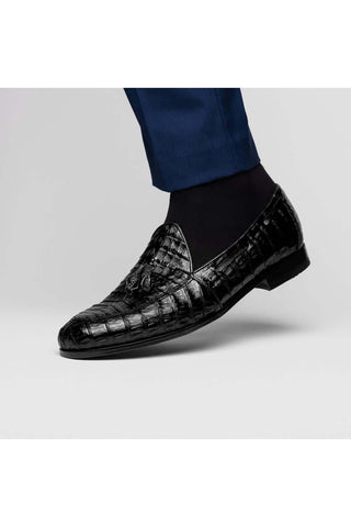 Marco Di Milano Bianchi Black Exotic Caiman Crocodile Tassels Loafers (MDM1197)-AmbrogioShoes