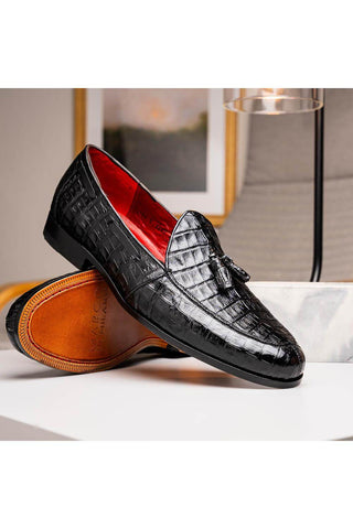 Marco Di Milano Bianchi Black Exotic Caiman Crocodile Tassels Loafers (MDM1197)-AmbrogioShoes