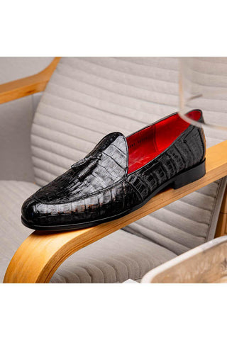 Marco Di Milano Bianchi Black Exotic Caiman Crocodile Tassels Loafers (MDM1197)-AmbrogioShoes