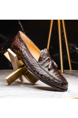 Marco Di Milano Bianchi Brown Exotic Caiman Crocodile Tassels Loafers (MDM1197)-AmbrogioShoes