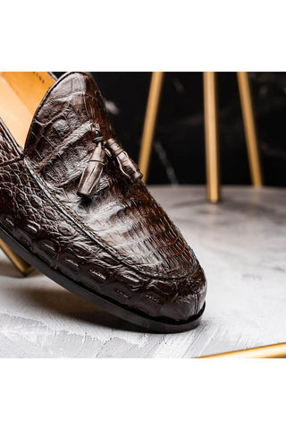 Marco Di Milano Bianchi Brown Exotic Caiman Crocodile Tassels Loafers (MDM1197)-AmbrogioShoes
