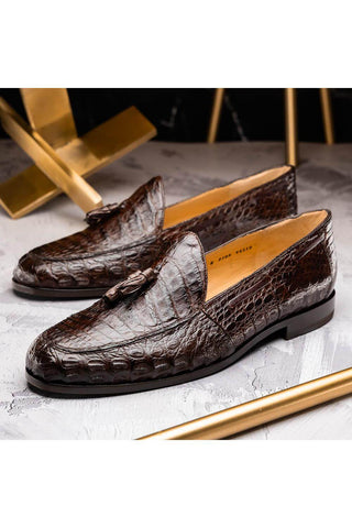 Marco Di Milano Bianchi Brown Exotic Caiman Crocodile Tassels Loafers (MDM1197)-AmbrogioShoes