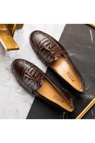 Marco Di Milano Bianchi Brown Exotic Caiman Crocodile Tassels Loafers (MDM1197)-AmbrogioShoes