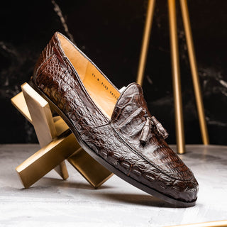 Marco Di Milano Bianchi Men's Shoes Brown Exotic Caiman Crocodile Tassels Loafers (MDM1197)-AmbrogioShoes