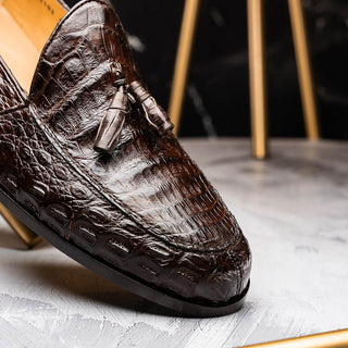 Marco Di Milano Bianchi Men's Shoes Brown Exotic Caiman Crocodile Tassels Loafers (MDM1197)-AmbrogioShoes