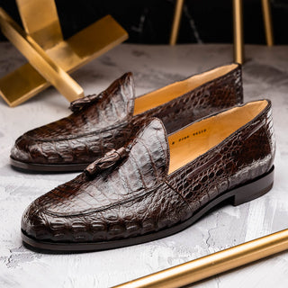 Marco Di Milano Bianchi Men's Shoes Brown Exotic Caiman Crocodile Tassels Loafers (MDM1197)-AmbrogioShoes