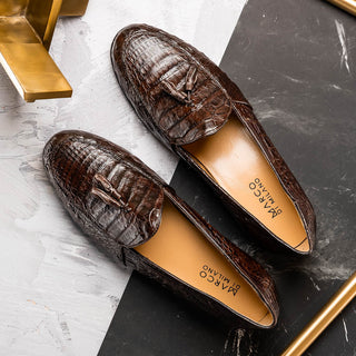 Marco Di Milano Bianchi Men's Shoes Brown Exotic Caiman Crocodile Tassels Loafers (MDM1197)-AmbrogioShoes