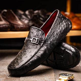 Marco Di Milano Bolonia Black Exotic Ostrich Horse-Bit Driver Loafer (MDM1205)-AmbrogioShoes