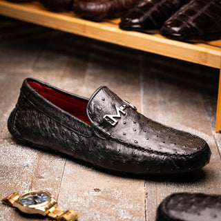 Marco Di Milano Bolonia Men's Shoes Black Exotic Ostrich Horse-Bit Driver Loafer (MDM1205)-AmbrogioShoes