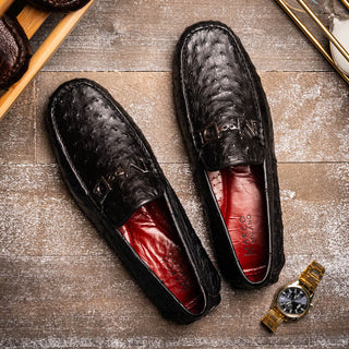Marco Di Milano Bolonia Men's Shoes Black Exotic Ostrich Horse-Bit Driver Loafer (MDM1205)-AmbrogioShoes